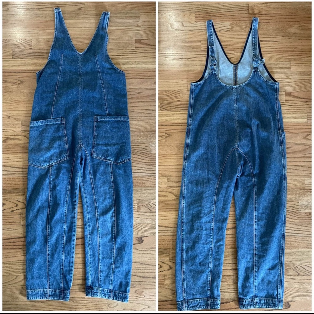 Free People Denim Straight Leg Overalls in Indigo Blue